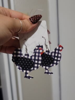 Gingham Chicken Dangle Earrings - Black & White with Red Accent